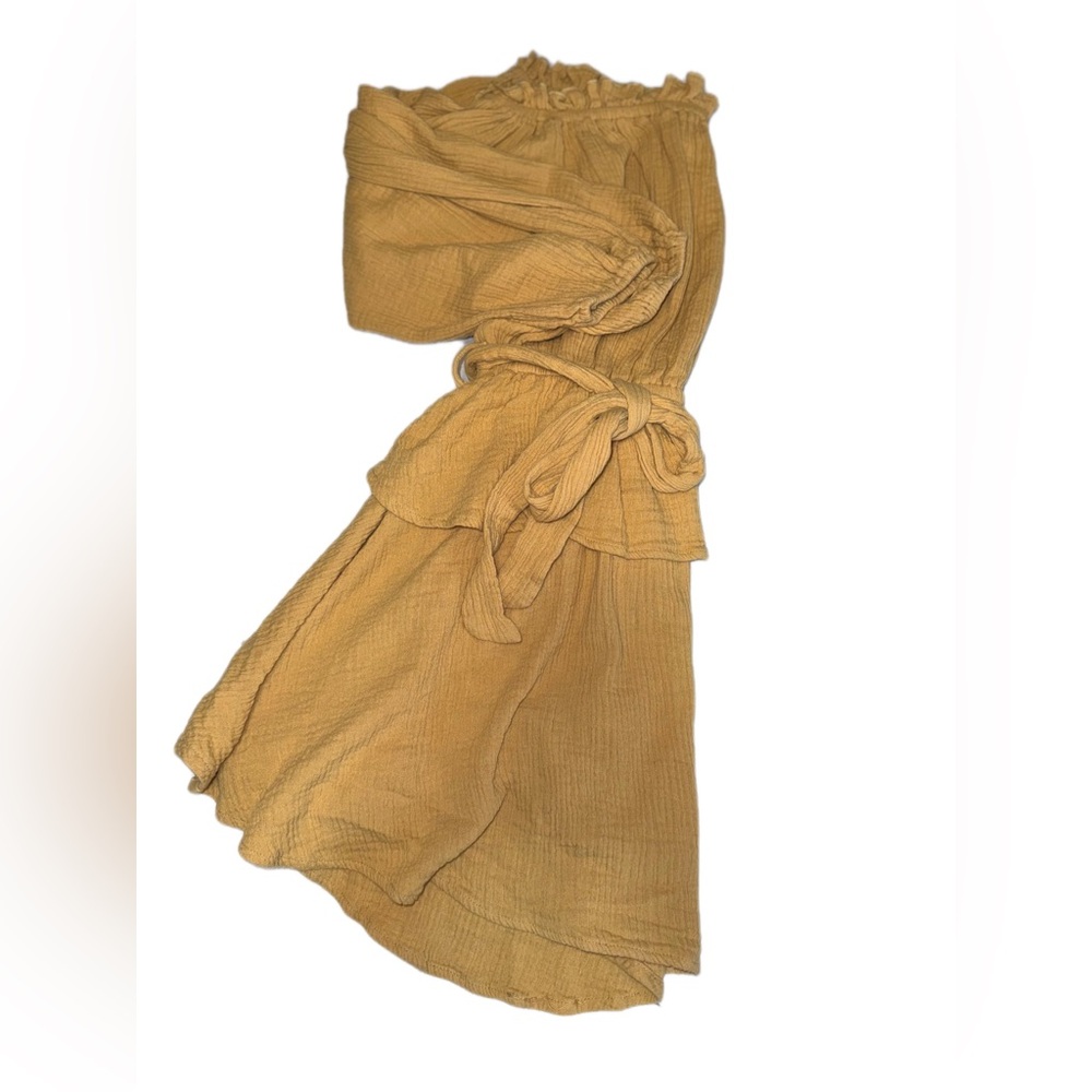 Petal & Pup 100% Cotton Golden Honey Off Shoulder Dress Size M Tie Waist Ruffle - Picture 3 of 11